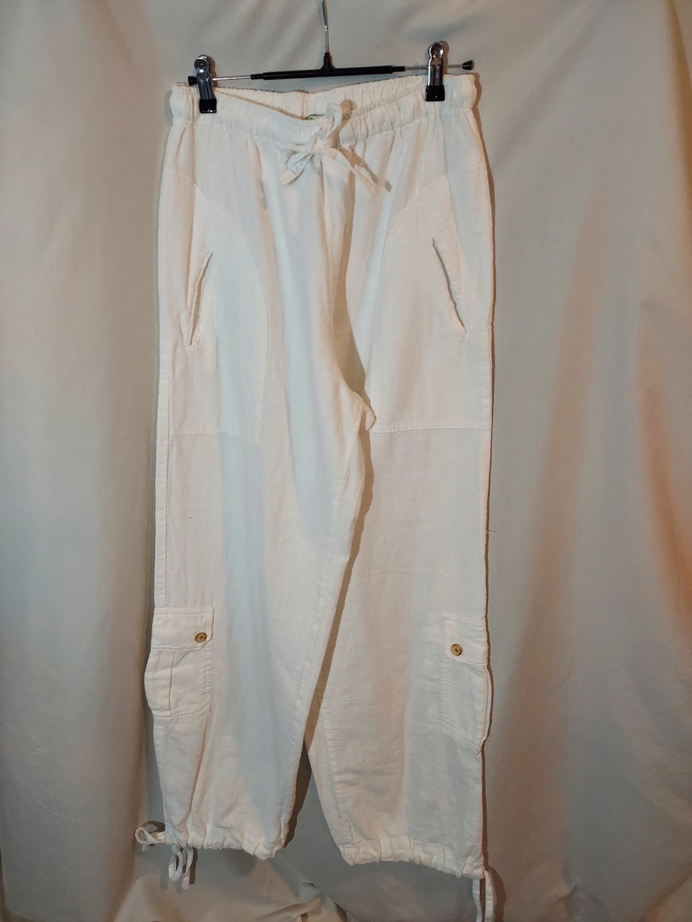 Eucalyptus White Linen/Cotton Adjustable Drawstring Cargo Pants M